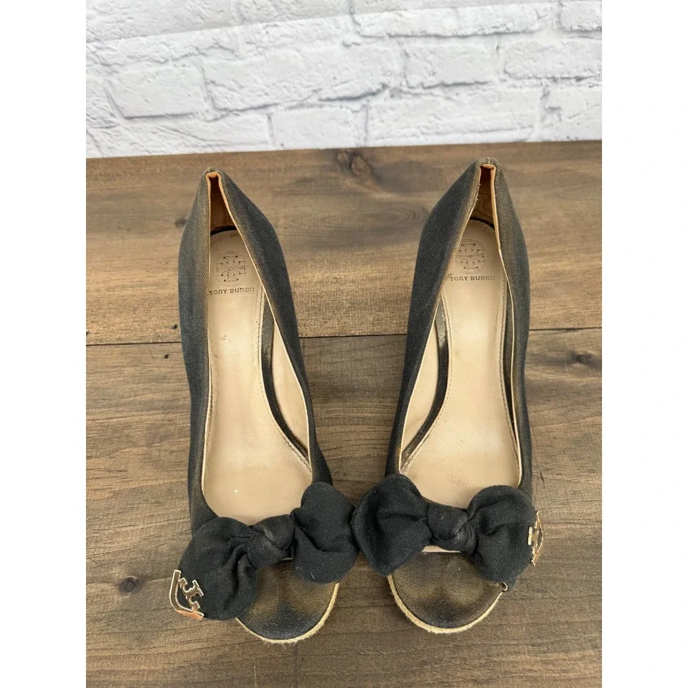 Tory Burch Black Canvas Bow Peep Toe Espadrille Wedge Sandals Womens 9.5